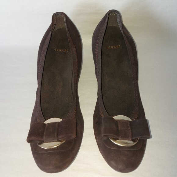 Stuart Weitzman Beaudelair Suede Pump Size 8 Hidden Wedge Bow Low Heel Slip-on - Picture 12 of 13